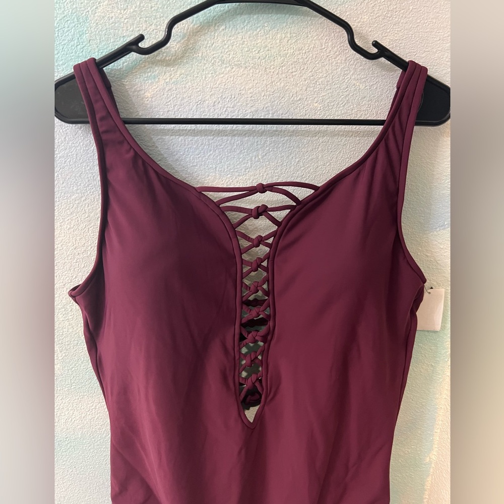 NWT Aqua Green Burgundy One Piece Bathing Suit - Picture 2 of 9